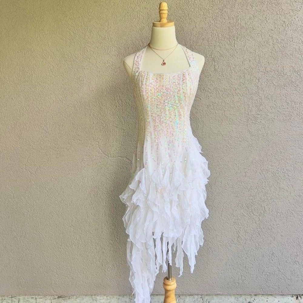 White Sequin Halter Mini Dress Asymmetrical Ruffle Hem Fairy Party Festival